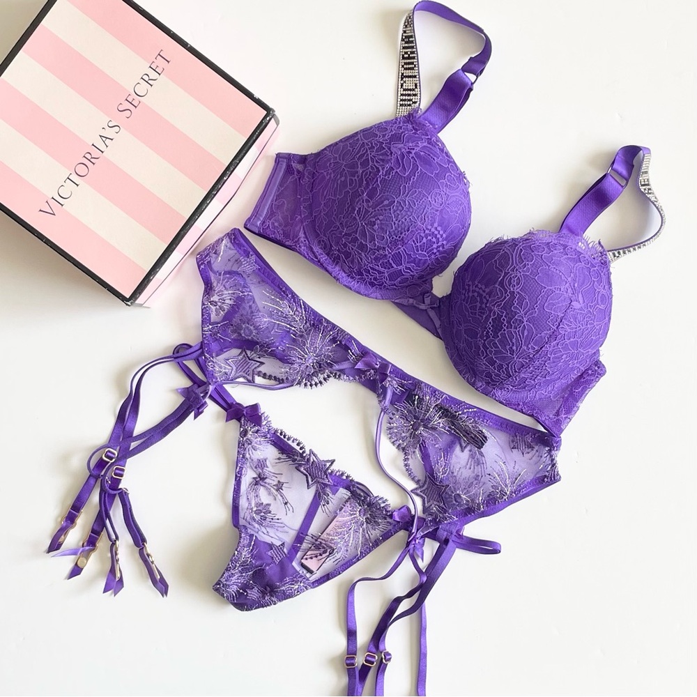 34B MEDIUM Victoria’s Secret 3PCS purple bling bra set
